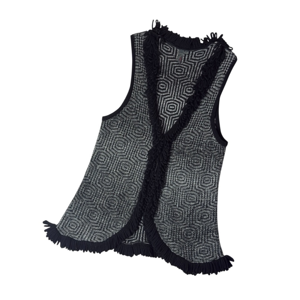 Jana Boho Gray White Geometric Cardigan Vest With Black Fringe Detail Large - Picture 12 of 14